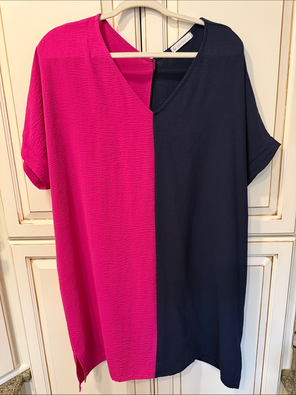FSL Apparel Color Block Tunic Dress Pink Navy Blue V Neck Dolman Sleeve USA SZ S